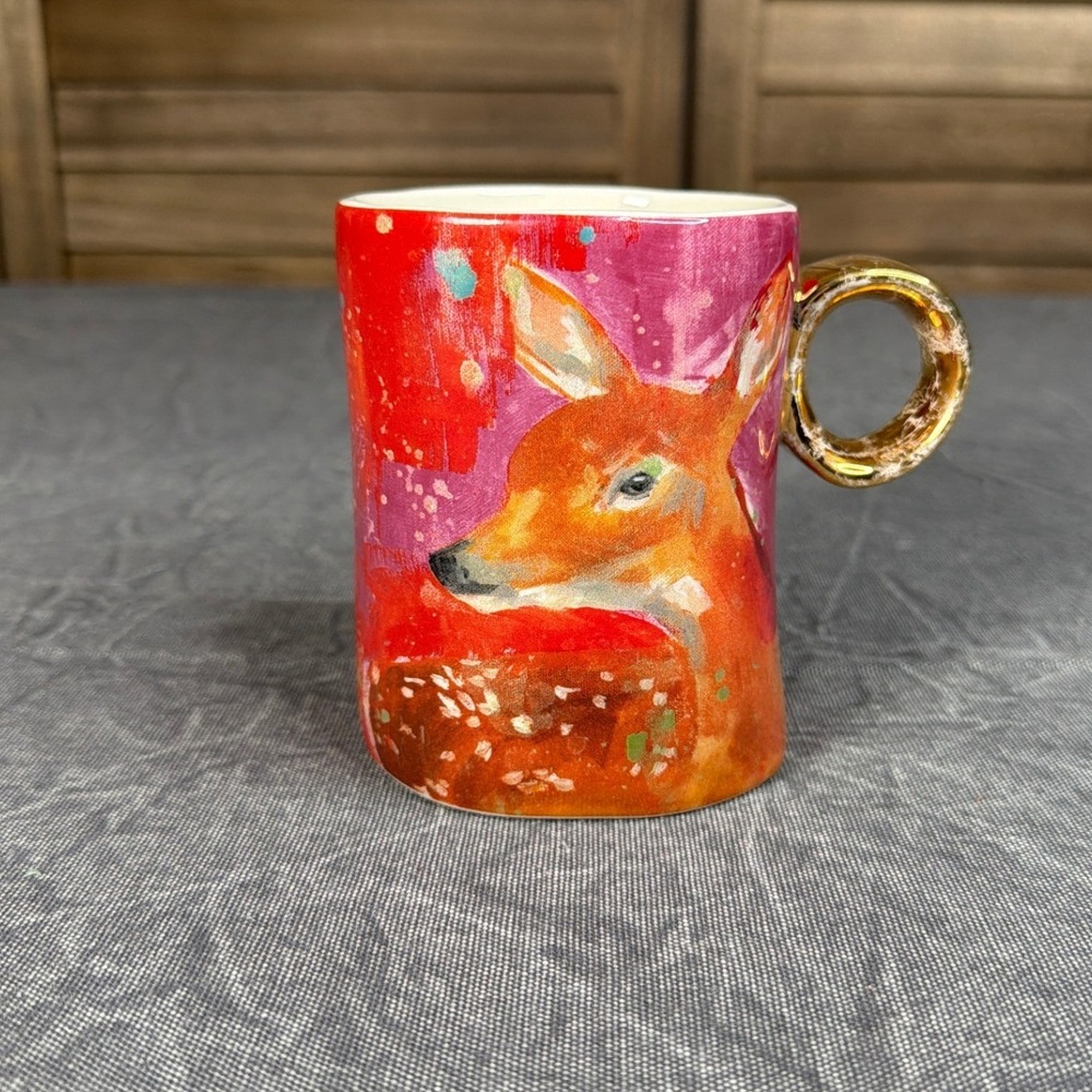 Anthropologie Mug Janet Walerstein Deer Fawn Red Gold Handle Artistic Ceramic